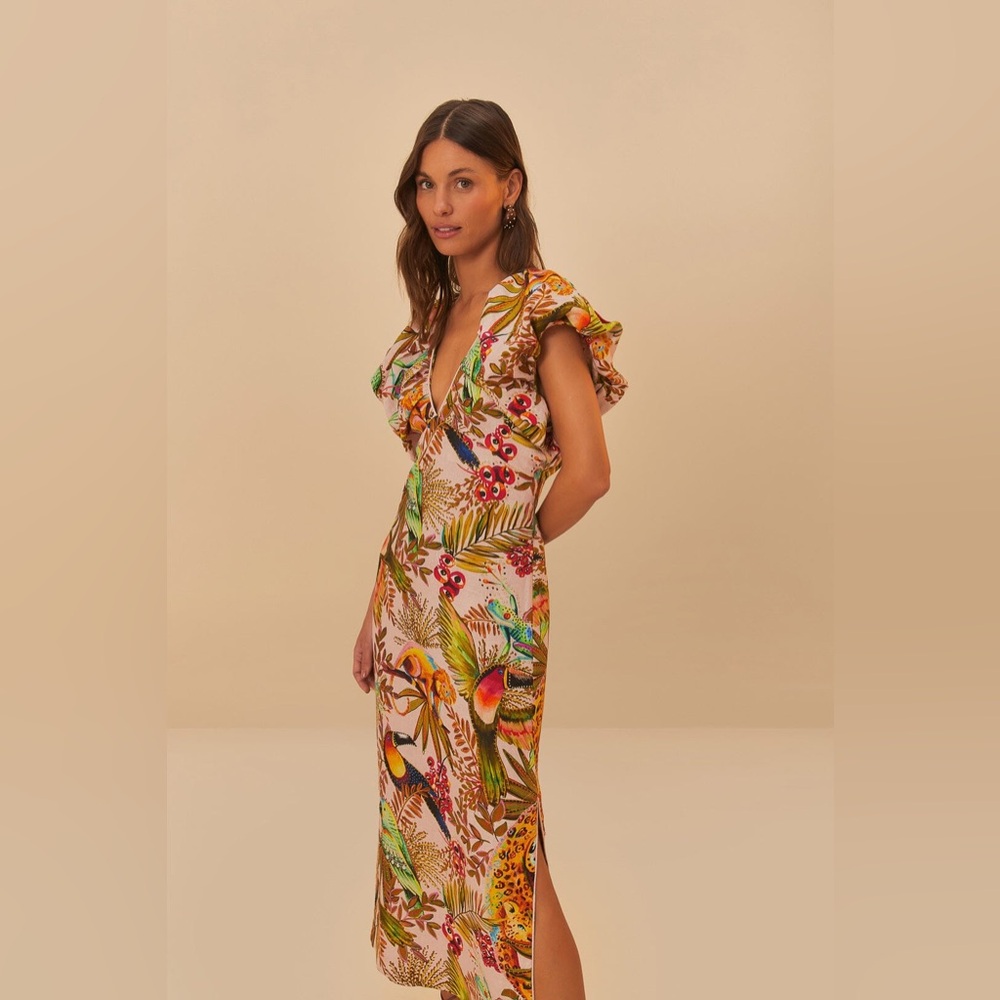 Farm Rio Pink Into The Jungle Euroflax Premium Linen Midi Dress Sz M